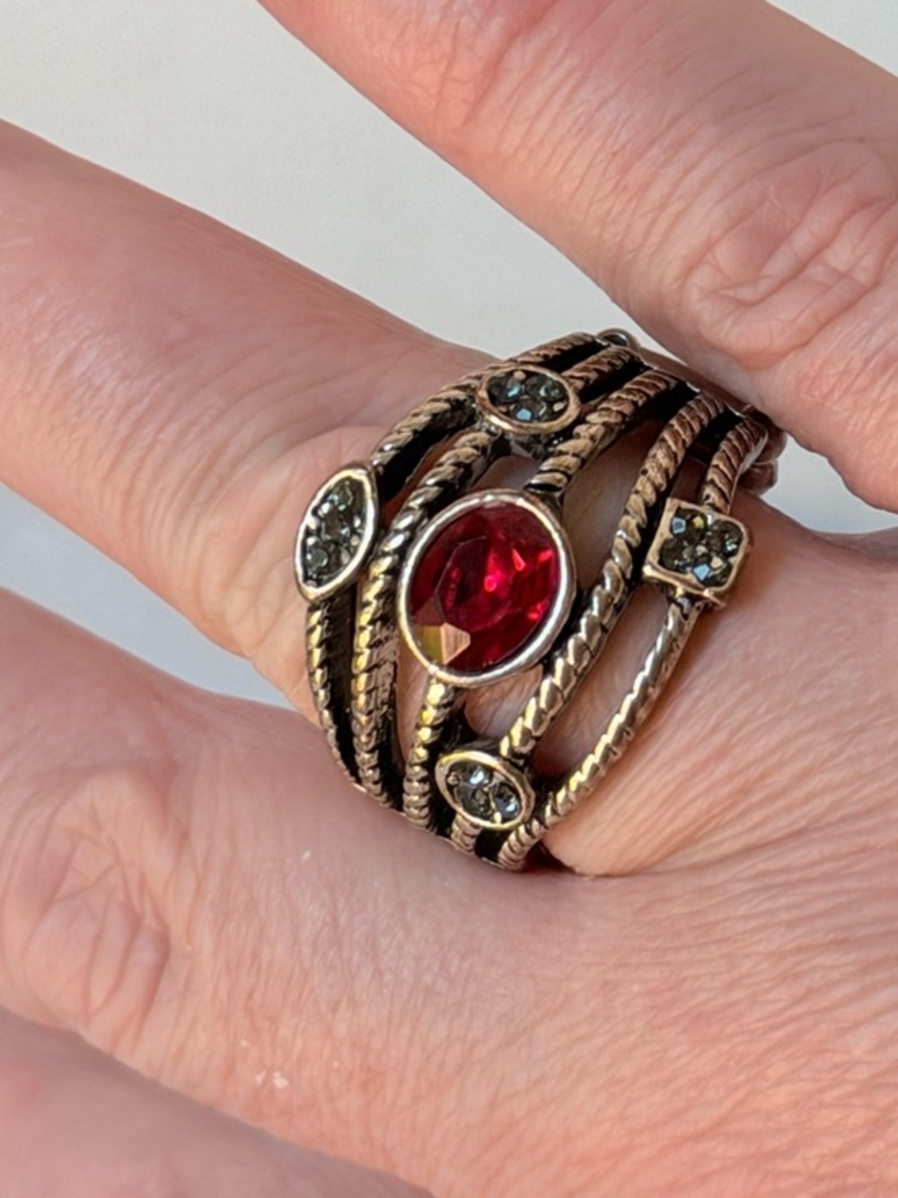 Silver Red Gemstone Multi-Row Women's Ring adjustable